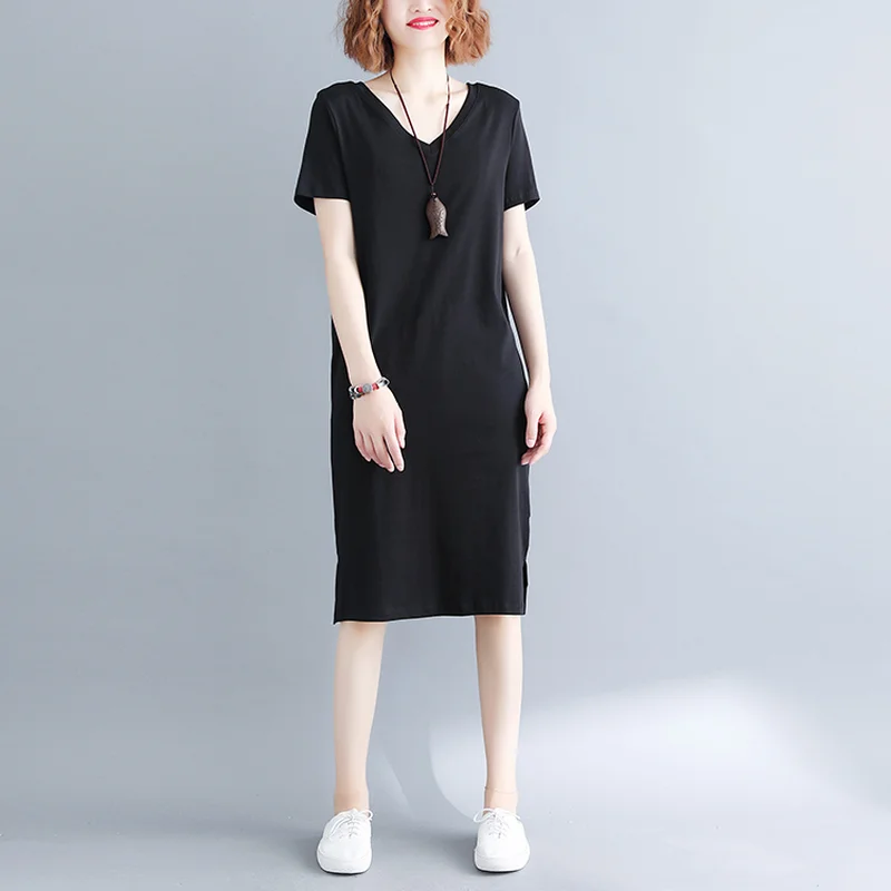 

2019 Summer Korean Simple Long Dresses Women Chic V Neck Short Sleeve Backless Solid Color Dress Female Plus Size Natural Dress