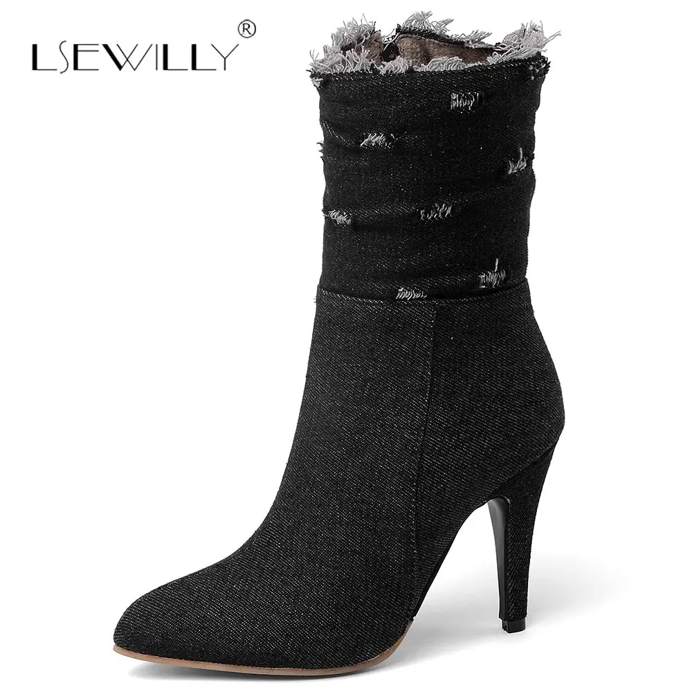 

Lsewilly Stylish Women Ankle Boots Nice Pointed Toe Thin Heels Zipper Boots Dark Blue Light Blue Shoes Woman Big Size 28-52 S789