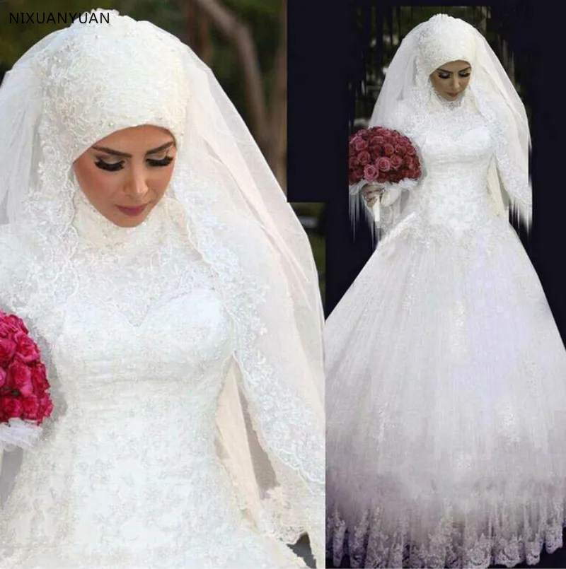 

Elegant Bridal Dresses High Neck Lace Appliqued Long Sleeve Muslim Wedding Dress Vestido De Noiva Renda Custom Made Bride Gown
