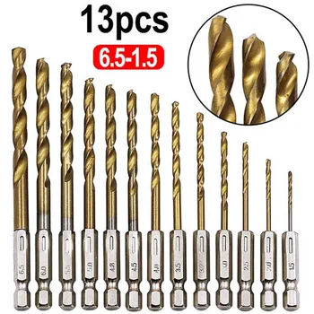 

13pcs/lot HSS High Speed Steel Titanium Coated Drill Bit Set 1/4 Hex Shank 1.5-6.5mm Twist Drill bit Set