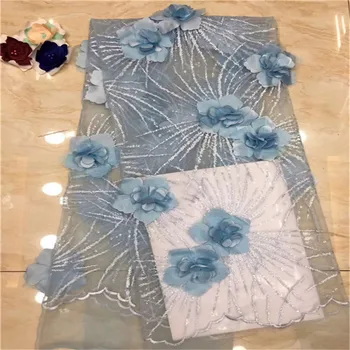 

2018 High Quality African Lace Fabric Royal Blue French Net Embroidery Sequins Tulle 3d Lace Fabric For Nigerian party Dress