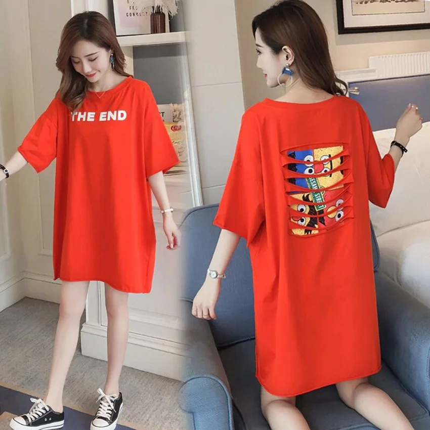 Корейская версия патч отверстие для беременных женщин мультфильм печать футболка куртка хлопок свободный короткий рукав футболка юбка женская