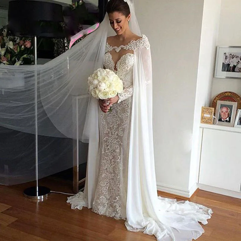 2018 Hot Sale White ivory Chiffon Wraps Appliques Lace Wedding Jacket Bridal Cloak Lace Bridal Dress's Cape
