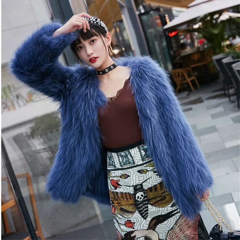 100% Suede High Quality Raccoon Dog Hair Knit Coat Fashion Short Fur Fur Coat Women