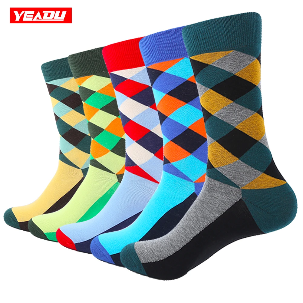 

YEADU 5 Pair/Lot Man Diamond Colorful Funny Sock Spring Autumn Socks grid Socks MEN Mixed color In the summer