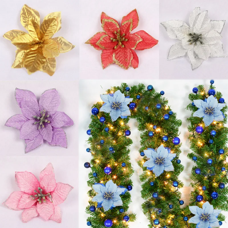 

Hot Sale 5PCS/Lot Christmas Garland Glitter Wedding Decor New 13cm Xmas Trees Ornament Hanging DIY Artificial Flower