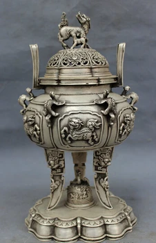 

wholesale factory 12" Tibet Silver Buddhist Dragon Kylin Lion Head Statue Incense Burner Censer