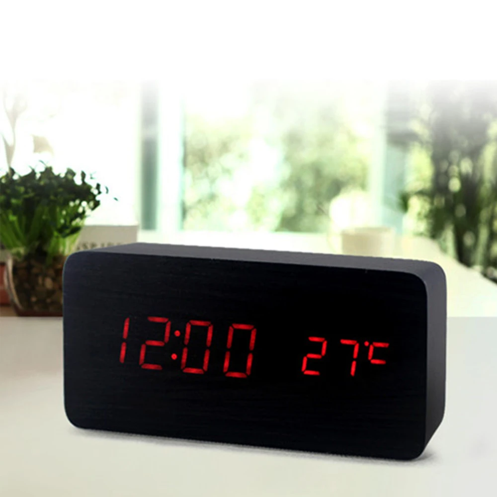 New Voice activated Wooden Red LED Digital Clock Date+Time+Celsius