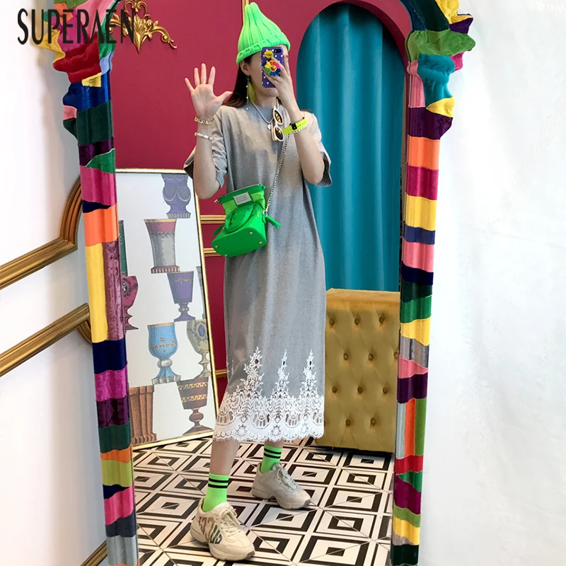 

SuperAen Lace Stitching Dress Women Summer New 2019 Short Sleeve Casual Ladies Dress Fashion Cotton Women Clothing