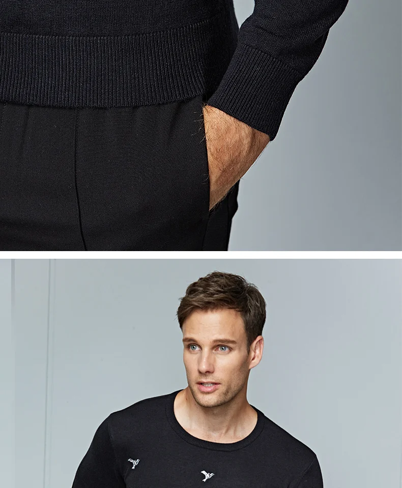 Черный шерстяной вязаный свитер с круглым вырезом для мужчин, Зимний деловой пуловер, Повседневная брендовая одежда, пуловеры с длинными рукавами, мужские свитера
