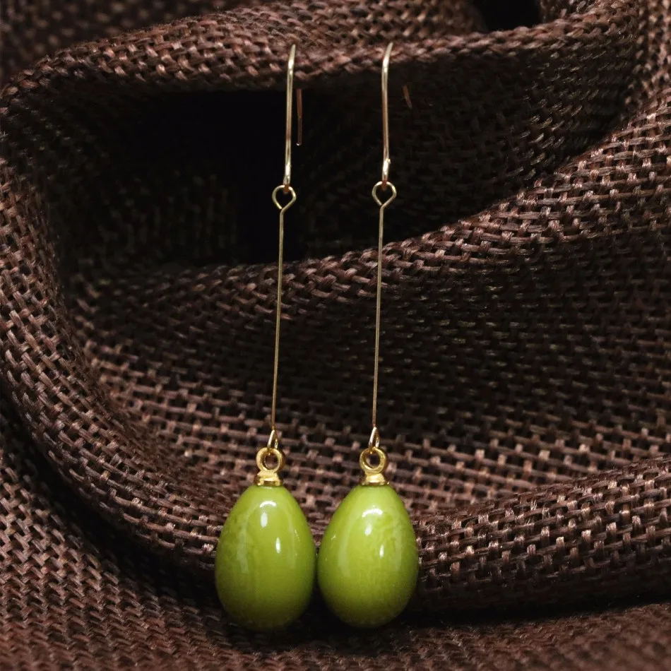 Большая серьга длинные серьги-капли зеленый выпечки краски стекла 9*13 мм Teardrop Женская мода мотаться Earbob Jewels B1795