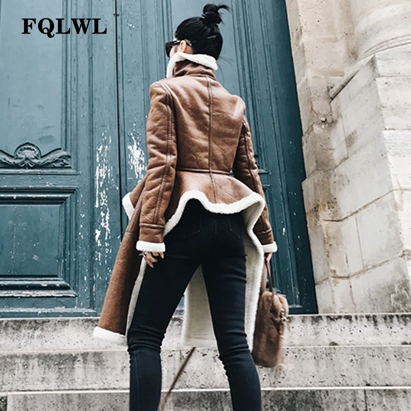 FQLWL флисовые пальто из искусственной кожи для женщин с длинным рукавом на молнии и стоячим воротником из овечьей шерсти толстые женские меховые пальто Зимние пальто