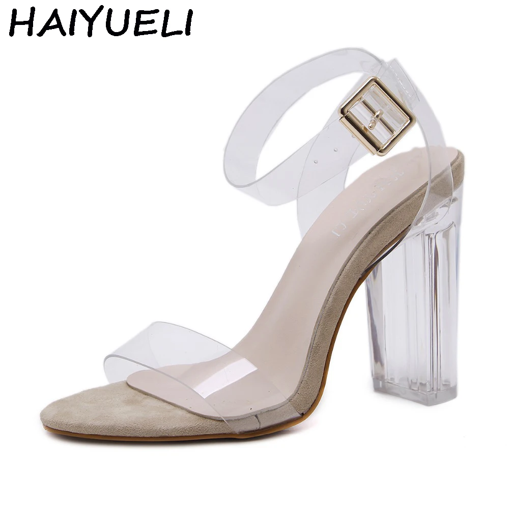 Vente HAIYUELI D été Femmes Sandale PVC Bloc À Talons Hauts Cristal Clair Transparent Sandales Concis Boucle Bride à La Cheville Pompe De Mariage Chaussures