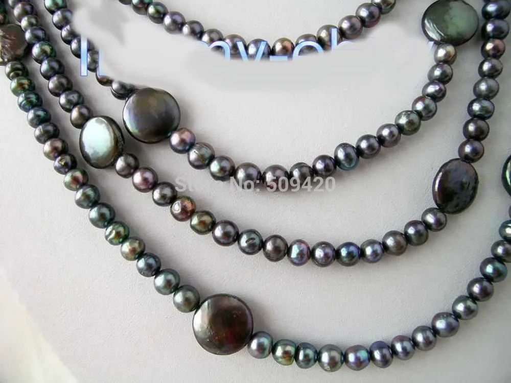 

~~ Free Shipping >> Nice Black 14.-8mm Coin Round FW Pearl Necklace 80