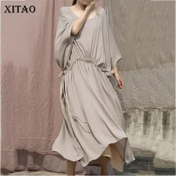 

XITAO Waist Pleated Straight Dress Women Korea Fashion O Neck Vintage Batwing Sleeve Wild Joker Split Irregular Elegant WLD1904