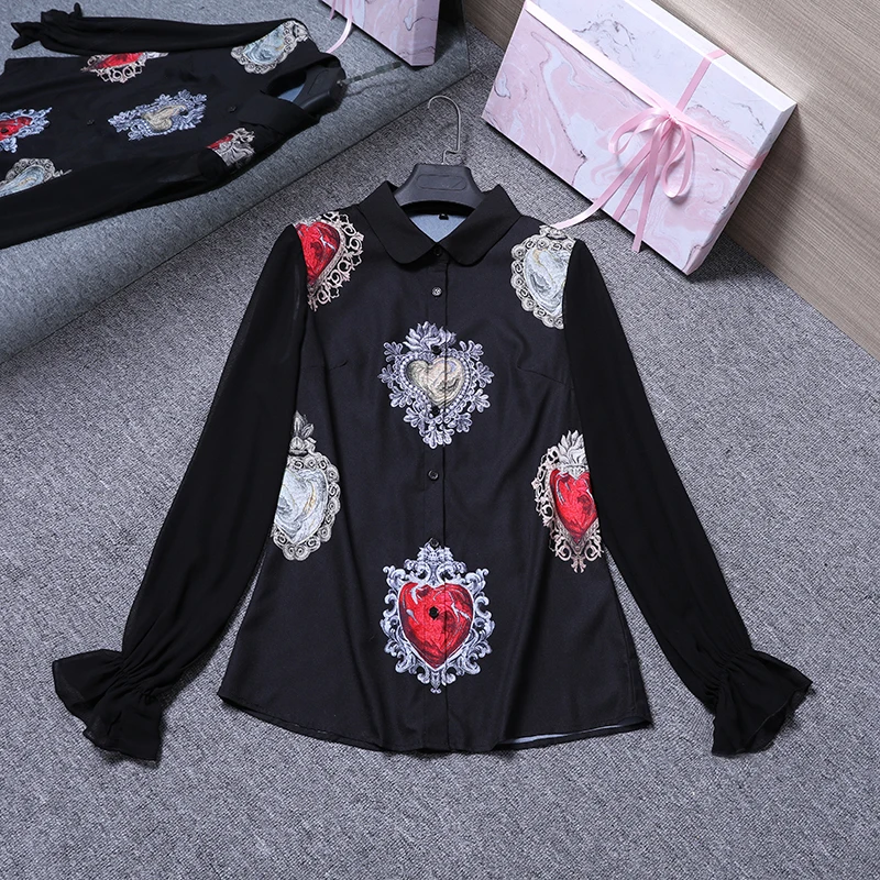 MoaaYina, плюс размер, 3XL, дизайнерская рубашка, топы, летняя, для женщин, рукав-фонарик, в форме сердца, с принтом, повседневная, элегантная, черная блузка