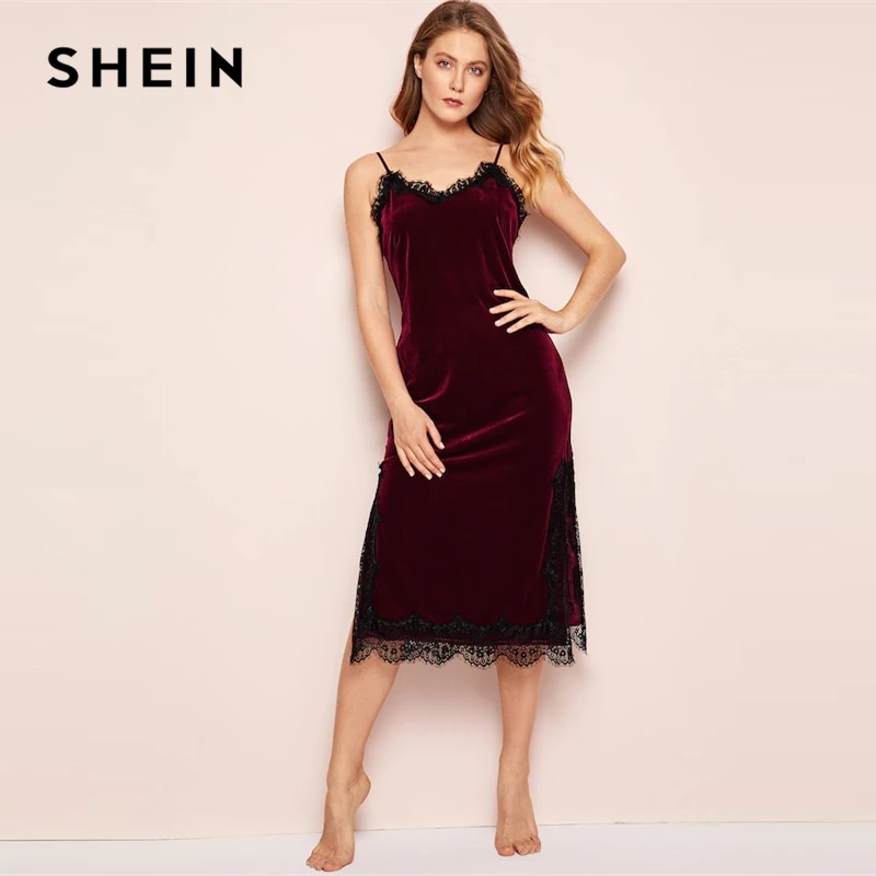 SHEIN Ночная Рубашка С Кружевной Отделкой, Длинная Бархатная Ночная Рубашка, Женская Элегантная Пижама С Отделкой