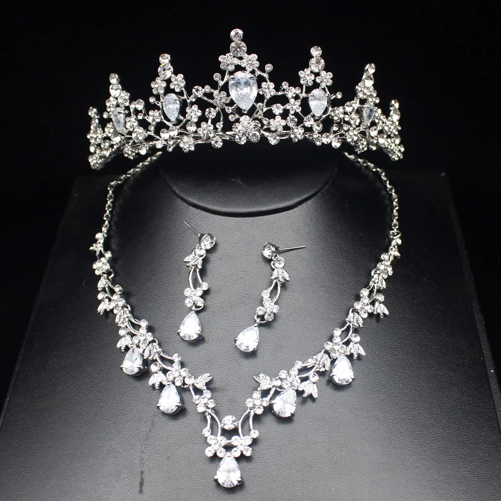 

Luxurious Zirconia Sparkling Wedding Bridal Jewelry Sets Top Silver Tiara Bride Necklace Earring Wedding Jewelry Accessories