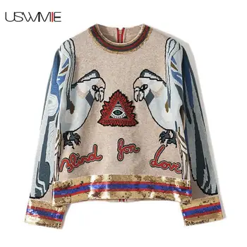 

Autumn Women Sweater Sequined Embroidered Long Sleeve Bottom Knitted Embroidery Parrot Gold Thread Plus Size Comfort Sweater