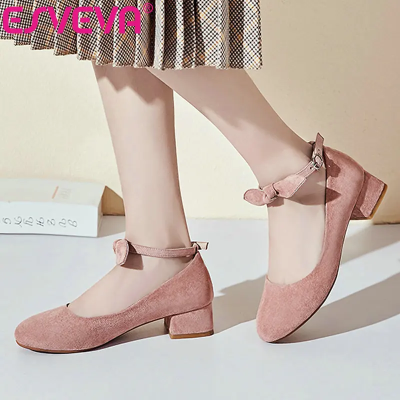 

ESVEVA 2019 Women Pumps Square Med Heel Round Toe Flock Butterfly-Knot Single Shoes Ankle Strap Pumps Sweet Style Size 34-43