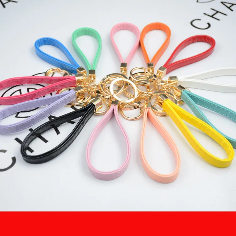 

Gold Color Double Circle Keyrings PU Leather Cord Trinket Keychain Charms Rope For Women DIY Findings