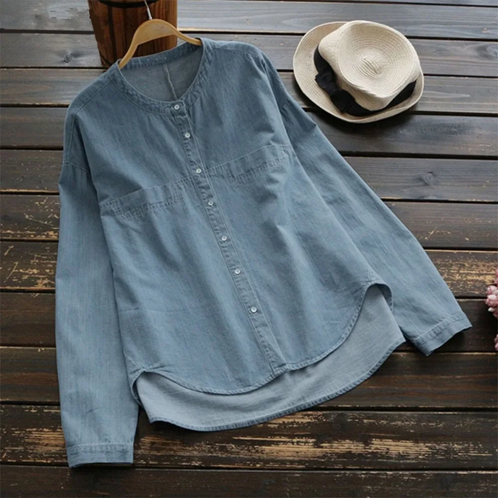 

S 5XL Women Work Office Blouse Casual V Neck Long Sleeve Baggy Denim Blue Shirts Solid Loose 2018 Fashion Spring Autumn Blusas