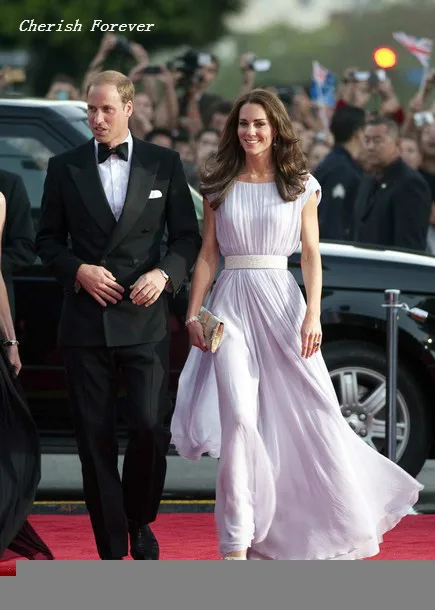  Free Shipping New Custom Made Kate Middleton Red Carpet Bateau Sashes Long Simple Chiffon Celebrity Dresses Evening Dress CD084 