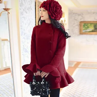 Женское зимнее Новое модное тонкое милое шерстяное пальто, длинное шерстяное пальто с воланами - Цвет: wine