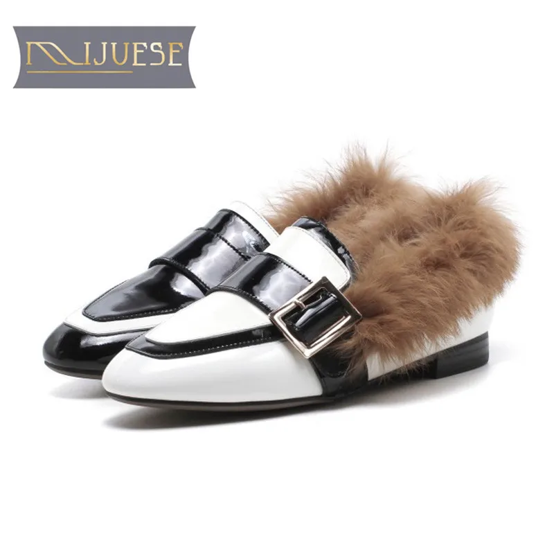 

MLJUESE 2018 women flats cow leather round toe flats rabbit hair spring comfortable loafers women shoes size 34-43 casual shoes