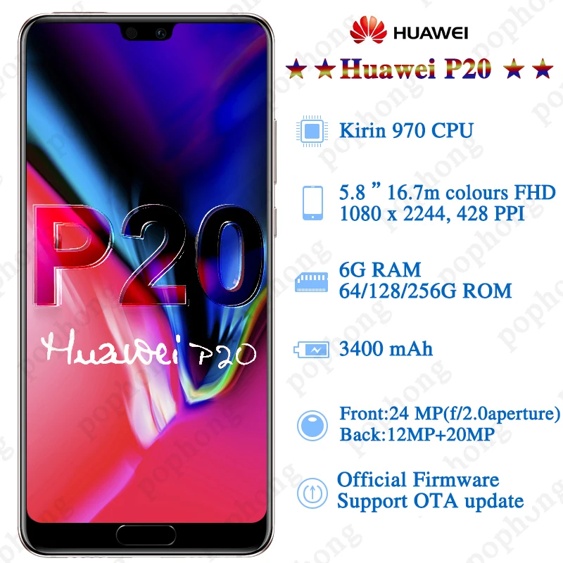 Смартфон huawei P20, Android 8,1, 6 ГБ ОЗУ, 64 ГБ/128 Гб ПЗУ, Kirin 970, Face ID, 5,8 '', полный экран, фронтальная камера EMUI 8,1, 24 МП