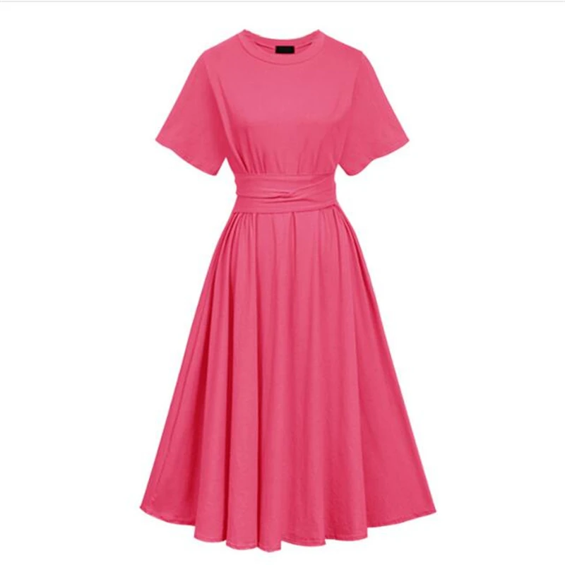 

Europe and the United States Large size Women's 2018 New Summer Waist Solid Color Dress Fashion Retro Round Neck Dress