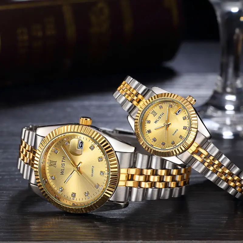 Парные часы, мужские часы, Топ бренд, роскошные кварцевые часы, женские часы, Дамская одежда, наручные часы, модные повседневные часы для влюбленных - Цвет: two tone gold