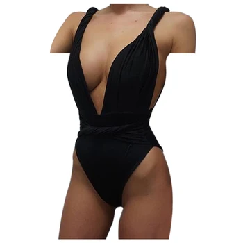 

Women Solid color Deep V Low cut Sling Conjoined Swimwear Black M