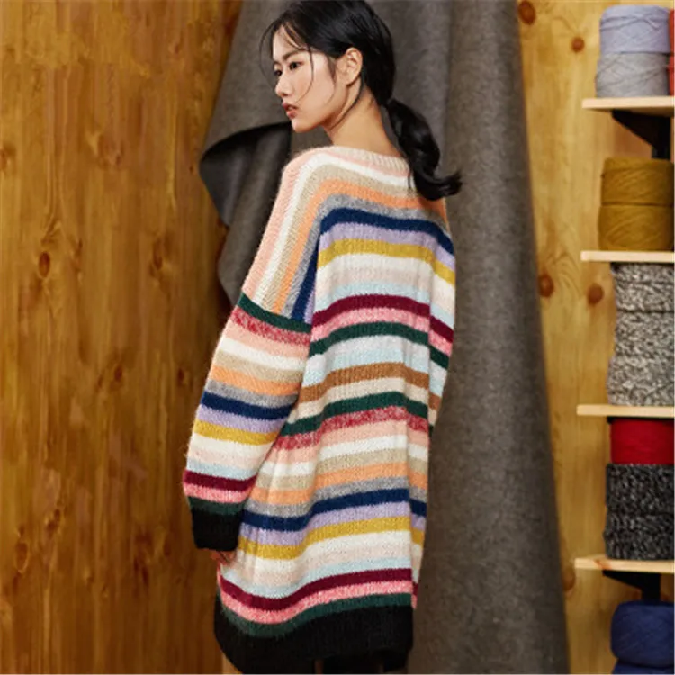 100% шерстяной, ручной работы Oneck тонкий вязаный Женский Уличная Радуга Полосатый H-прямой пуловер свитер один и более размер