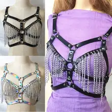 Для женщин с лямкой на шее портупея Бюстгальтер Вечерние цепь из эластичного полотна фестивалей восторженные одежда для клуба с голографической отделкой пастельных ремень Готический Топ