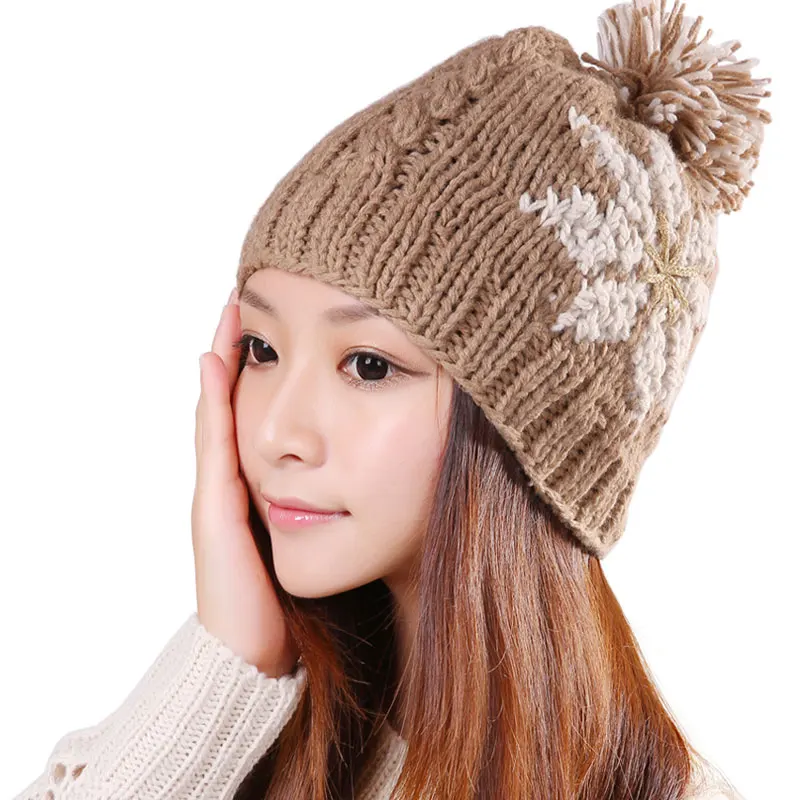 

BomHCS Winter Warm Woolen Knitted Hat For Women Ski Cap Woman Snowboarding Hats Beanie Crochet Hat