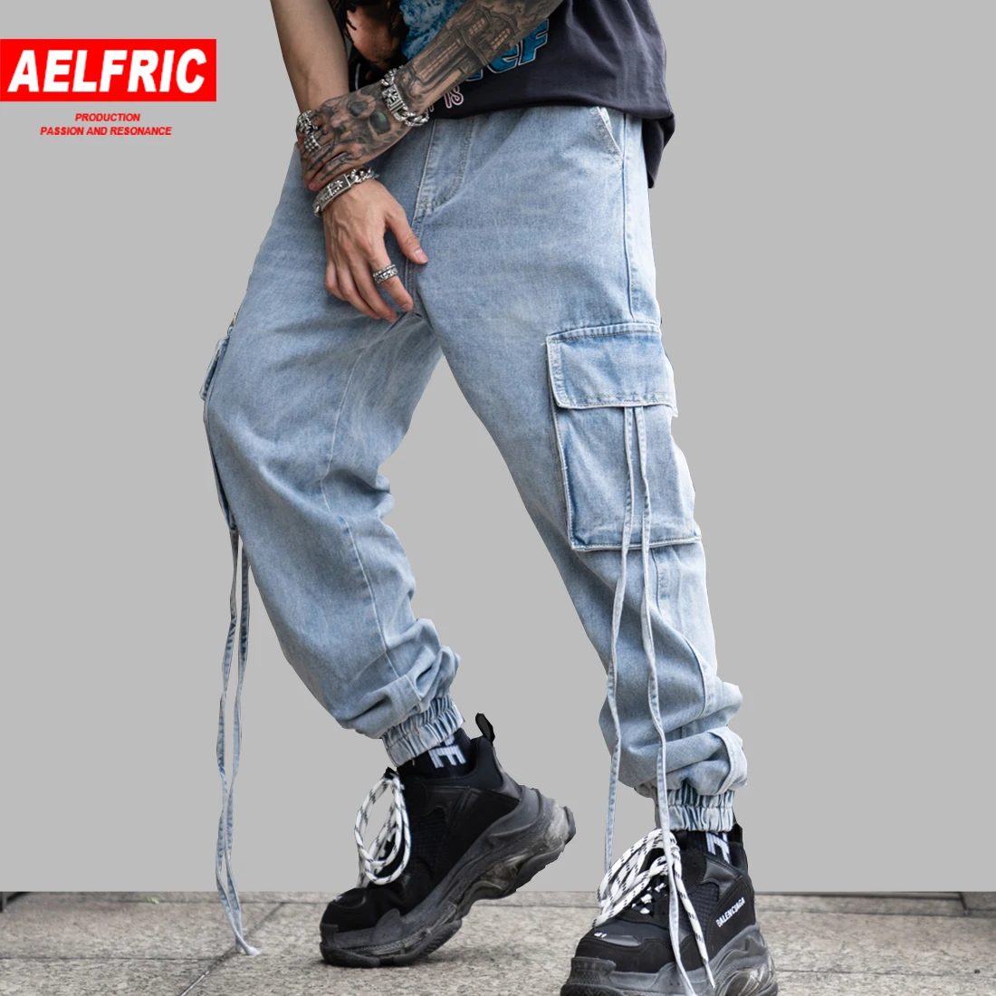 Эльфрик карманов джоггеры Для мужчин 2019 весенне-летний свободный крой джинсы прямые шаровары, штаны для бега джинсовые Модные