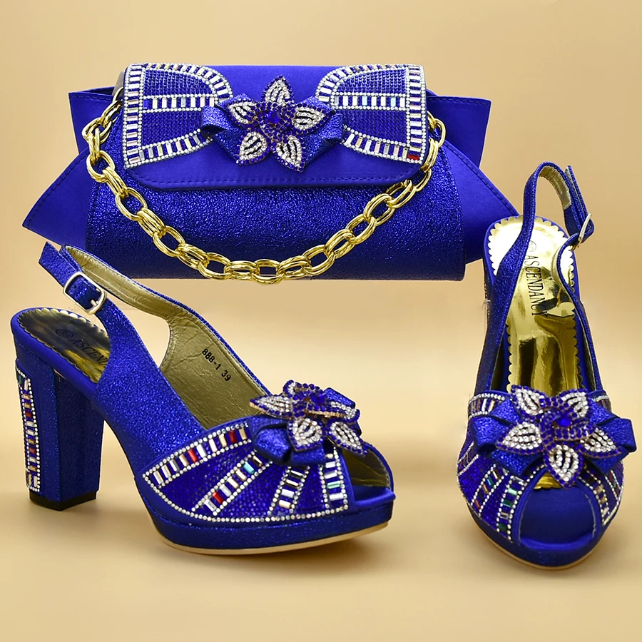 

Newest Nice-looking Italian Shoes and bag to match good quality New Fashion Royal blue color shoes and bag set For lady