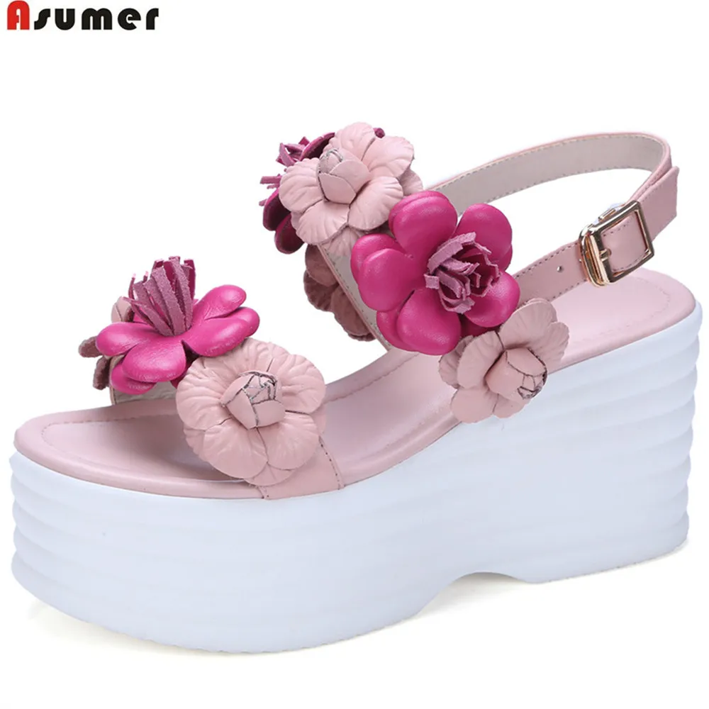 Bianchi Della Delle Dolci Estate Rosa Genuino Rosa I bianco Pattini Di Sandali Colore Piattaforma Scarpe Fibbia Fiori Asumer Modo Donna La Signore Incunea Per Cuoio 0nEv06F