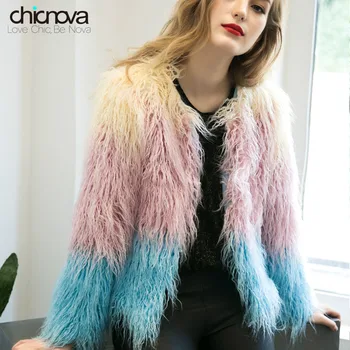 

Autumn New Contrast Color Hairy Shaggy Faux Sheep Goat Women Jacket Coat Faux Fur Outerwear FS0242