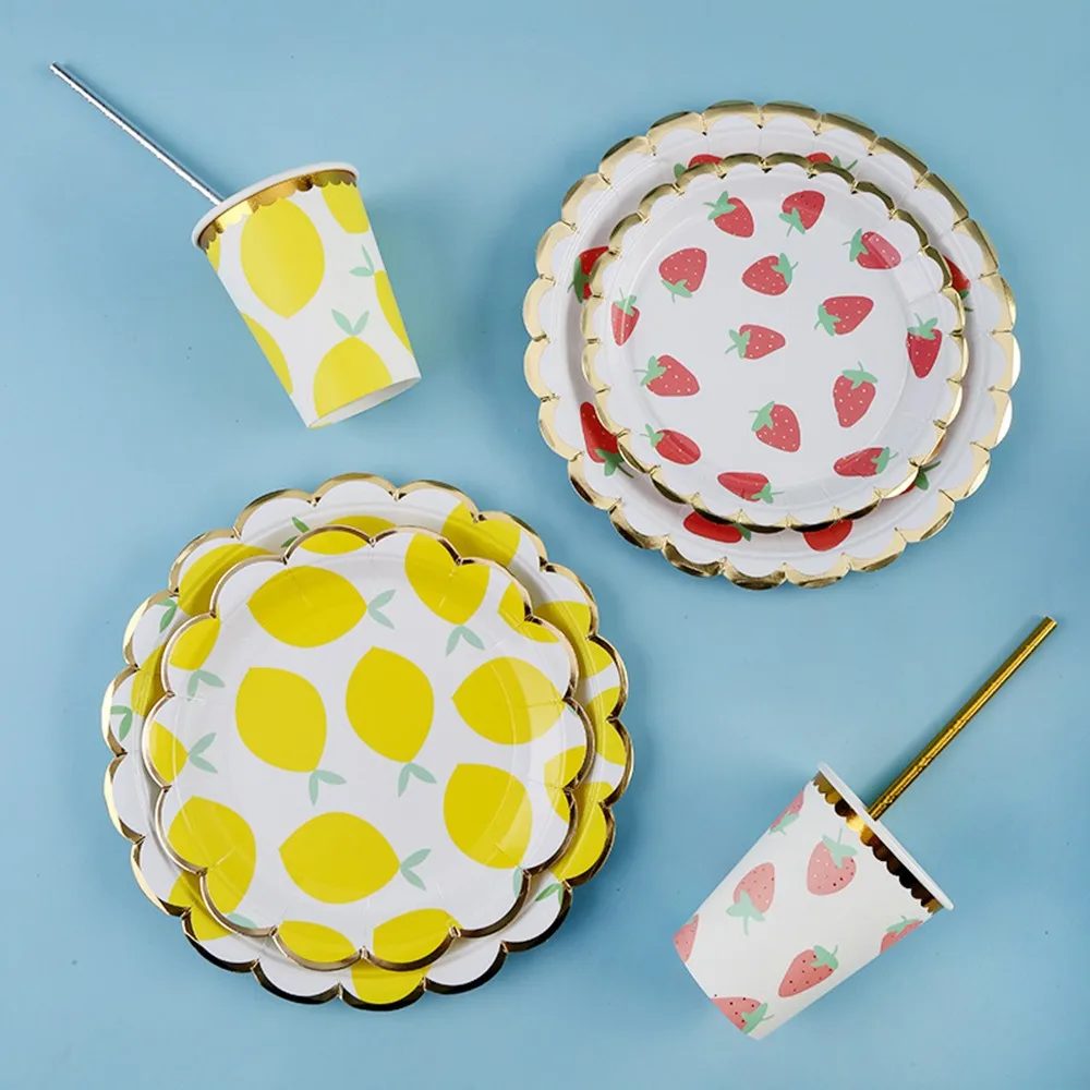 

10PCS/LOT Disposable Tableware for Birthday wedding Party Fruit Printed Summer Party Decoration Set Paper Plate Straws Cups