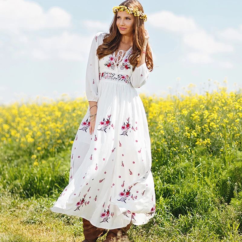 

Khale Yose Summer 2019 Bohemian Dress V-Neck Sexy Floral Embroidery Women Maxi Beach Dresses Hippie Gypsy Cotton White Dress