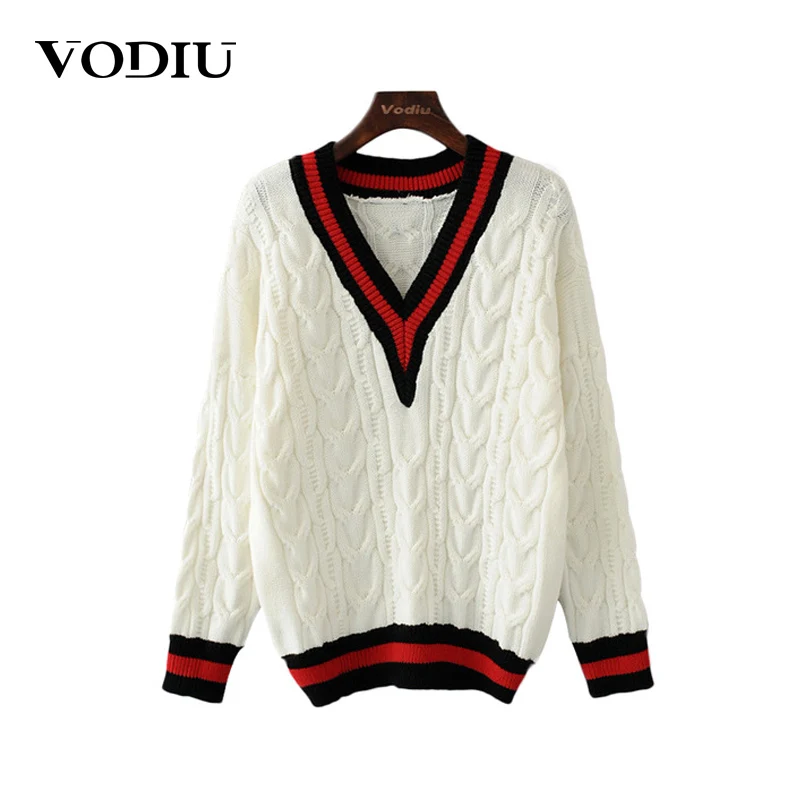 Осенне-зимние женские пуловеры с v-образным вырезом, новинка, повседневный Модный милый свободный свитер с длинным рукавом для женщин, теплый вязаный джемпер