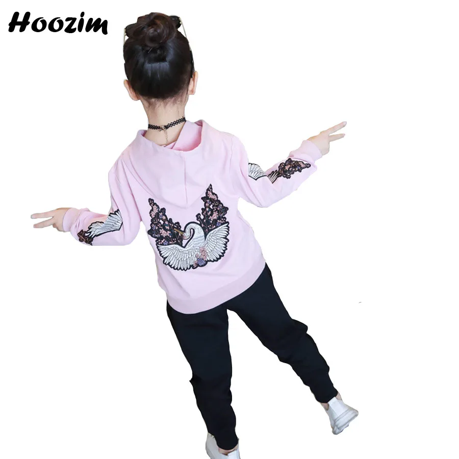 Sport Suit For Girls 10 11 12 Years Cute Flower And Swan Hoodies Sweatshirts + Pants Children Autumn Teenage Girls Clothing Set