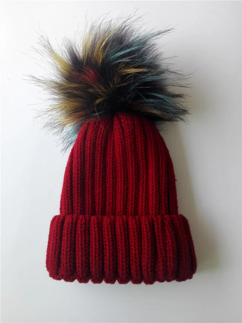 Детская зимняя шапка KNB040A, вязаные шапочки, 15 см., искусственный мех, помпоны, шапки для мальчиков и девочек, детские шапочки с меховым помпоном