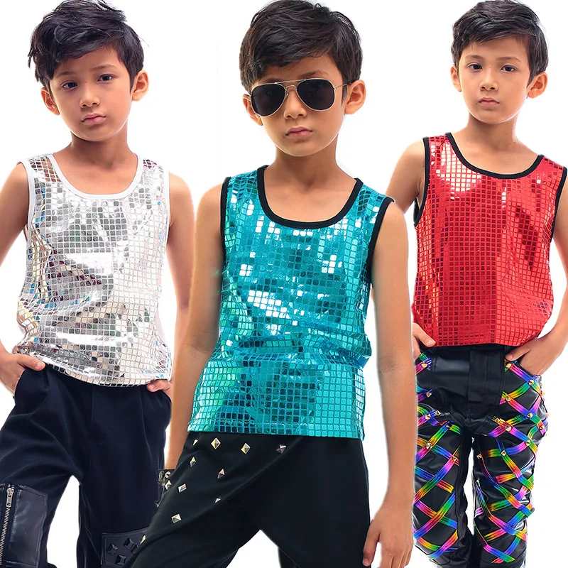 

Boy Jazz Performance Costume Singer Children Hip Hop Dancing Clothes Sequin Vest Black T-Shirt Boys Tops Dance Wear DNV10056