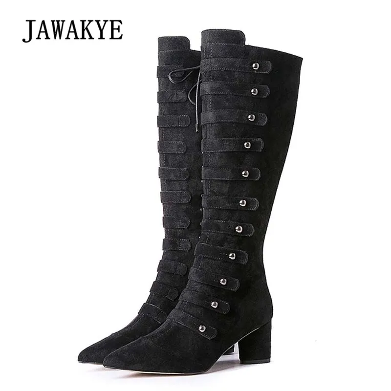 

2018 Chic Design Knee High Boots Woman Pointed Toe Rivet Back Zipper Suede High Heel Boots For Women High Heel Knight Boots