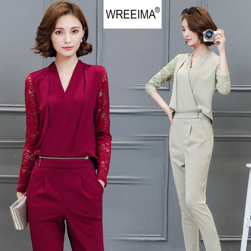Runway Pants Suits 2018 Summer Women Pant Suit 2 Piece V neck Set Lace