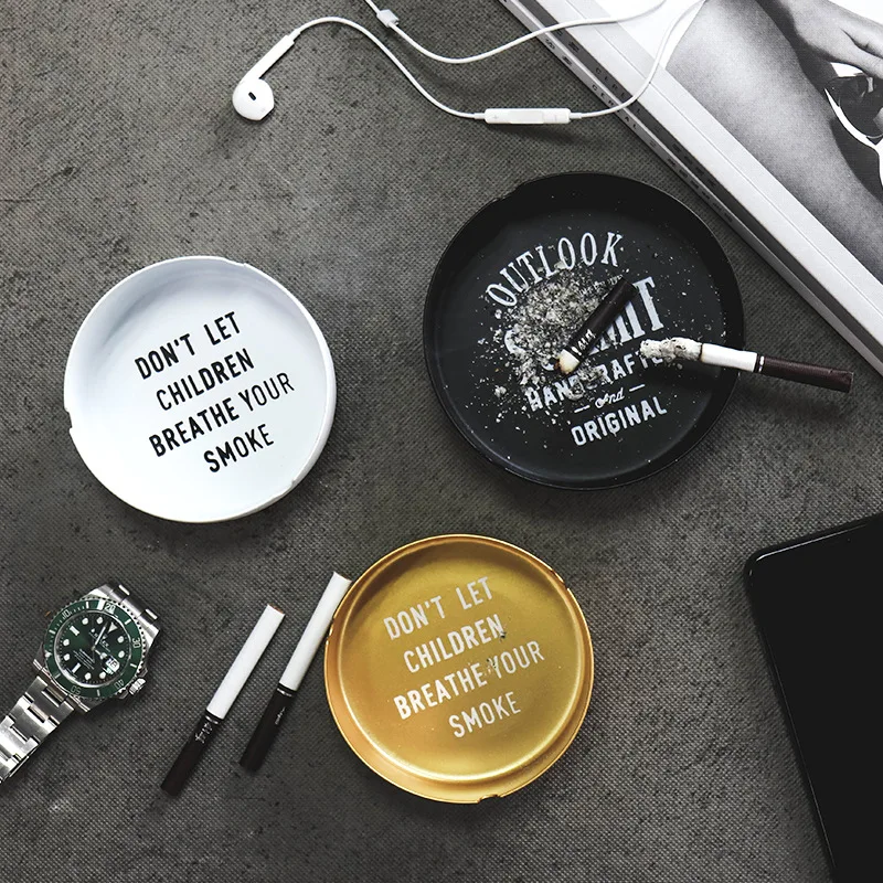 

Nordic Simple Round Metal Ashtray Creative Letter Gold Black White Iron Ashtray Living Room Home Decorations Crafts Ashtray 1pc