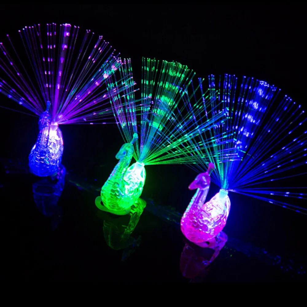 1Pcs LED Glow Peacock Finger Light Laser Beams Ring Optical Fiber Toy Flash Kid Fluorescent Shiny Neon Flashing Toys Random